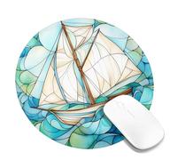 Sailing Boat Mouse Pad, Blue Green Stained Glass Design, Nautical Style Desk Accessory for Home Office, Mousepad with Non-Slip Base Round 8x8 Inch
