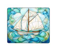 Sailing Boat Mouse Pad, Blue Green Stained Glass Design, Nautical Style Desk Accessory for Home Office, Mousepad with Non-Slip Base Square 8x10 Inch
