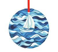 Sailing boat on the sea Print Round Glass Pendant - Elegant Christmas Tree Hanging Ornament for Holiday, Home, Office, Xmas