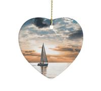 Sailing Boat on The Seaceramic Ornament,Heart-Shaped.Christmas Tree Hanging Decoration-Holiday Home Decorations. Art Ornament,Friendship Keepsake - Gift Ideas, for Besties, Coworkers, Family.