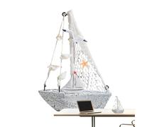 Sailing Boat Small Decor - Handmade Model Sailing Boat Decoration with Shell - Vintage Nautical Wood Sailing Boat Table Ornament Room Decor, Beach Theme Photo Props