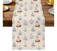 Sailing Boat Table Runner, Coastal Vintage Nautical Beige Blue Linen Texture Cotton and Table Linen Runner for Kitchen Dining Home Decor for Party Festival Holiday Decoration Gift 13x108in