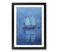 Sailing Boats at Night by Hiroshi Yoshida Framed Print | A2 Black Framed Wall Art | Ready to Hang | Modern Nature Picture | Living Room Bedroom Lounge Office