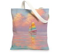 Sailing Canvas Tote Bags, Colorful Sailboat Design Reusable Shopping Bags, Artistic Coastal Lightweight Washable Shoulder Strap Canvas Bags for Travel Beach Picnic 13x15 Inch