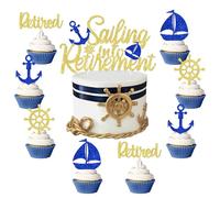 Sailing Into Retirement Cake Topper, Blue Gold Glitter Navy Theme Cake Topper Cupcake Toppers Happy Retirement Party Decor for Sailor Men Officially Retired Party Supplies