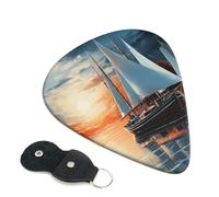 Sailing Landscape Guitar Picks 6 Pcs, 0.46mm Thickness Celluloid Plectrum with Leather Picks Holder, Personalized Guitar Pick for Bass Electric Acoustic Guitars Lovers Gift