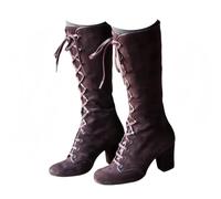 SAILING LEAVES Knee High Boots Ladies Chunky Block Heel Lace Up Mid Calf Combat Biker Boots Fall Winter Mid Heels Faux Suede Victorian Knee High Booties Vintage Platform Walking Long Booties
