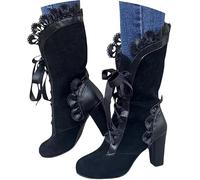 SAILING LEAVES Knee High Boots Ladies Chunky Block Heel Lace Up Mid Calf Combat Biker Boots Fall Winter Mid Heels Faux Suede Victorian Knee High Booties Vintage Platform Walking Long Booties