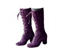 SAILING LEAVES Knee High Boots Ladies Chunky Block Heel Lace Up Mid Calf Combat Biker Boots Fall Winter Mid Heels Faux Suede Victorian Knee High Booties Vintage Platform Walking Long Booties