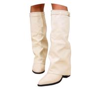 SAILING LEAVES Slouch Flat Boots for Women UK Mid Calf Boots Women Slouchy Faux Leather Pull on Knee High Flats Boot Slip on Soft Riding Boot Winter Shoes Non Slip Dressy Comforable Round Toe Booties