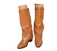 SAILING LEAVES Slouch Flat Boots for Women UK Mid Calf Boots Women Slouchy Faux Leather Pull on Knee High Flats Boot Slip on Soft Riding Boot Winter Shoes Non Slip Dressy Comforable Round Toe Booties