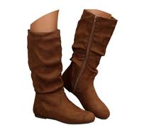 SAILING LEAVES Slouch Flat Boots for Women UK Mid Calf Boots Women Slouchy Faux Leather Pull on Knee High Flats Boot Slip on Soft Riding Boot Winter Shoes Non Slip Dressy Comforable Round Toe Booties