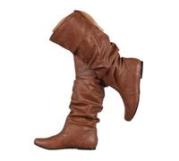 SAILING LEAVES Slouch Flat Boots for Women UK Mid Calf Boots Women Slouchy Faux Leather Pull on Knee High Flats Boot Slip on Soft Riding Boot Winter Shoes Non Slip Dressy Comforable Round Toe Booties