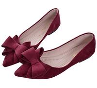 SAILING LU Bowknot Ballet Flats Womens Pointy Toe Flat Shoes Suede Dress Shoes Wear to Work Slip On Moccasins, A-burgundy-7490, 8 UK