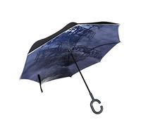 Sailing Pirate Ghost Ship Inverted Umbrella Moon Bue Double Layer Reverse Umbrella Windproof Self- Standing UV Protection Non-Auto Big Straight Upside Down Umbrella C-Shaped Handle for Car Rain