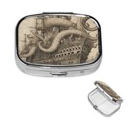 Sailing Pirate Octopus Pill Box 2 Compartment Round Metal Pill Case for Purse & Pocket, Portable Medicine Organizer Travel Pillbox Daily Pill Container Holder to Hold Vitamins, Fish Oil