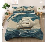 Sailing Sailboat Duvet Cover Set Junior, Ocean Wave Quilt Cover with Zipper, Line Art Junior Reversible xxx Comforter Cover, Soft Microfiber Ocean Theme Bedding 120 x 150 cm