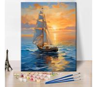 Sailing Ship Adult Paint by Numbers Sunset at Sea Paint by Numbers Kit for Adults Canvas Beginner with Painting Brush and Pigment Painting Arts Craft for Home Wall Decor 16x20 Inch (Frameless)