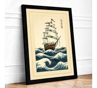 Sailing Ship at Sea Japandi Framed Wall Art Print A4 (29.7×21cm) Black, Wall Decor for Living Room, Bedroom, Office & Home, Ready to Hang, Art Gift