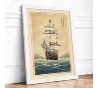 Sailing Ship at Seas Japandi Framed Wall Art Print A1 (84.1×59.4cm) White, Wall Decor for Living Room, Bedroom, Office & Home, Ready to Hang, Art Gift