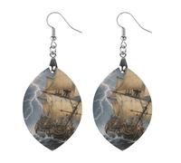 Sailing Ship Dangle Earrings for Women Trendy Lightweight Wood Geometric Earring Wooden Bohemian Print Eardrop Vintage Jewelry Gift Mother Valentine's Day, Apricot shaped, Wood, No Gemstone