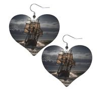 Sailing ship in storm Leather Earrings for Women Heart Earrings Lightweight Dangle Drop Earrings Cute Jewelry Gift