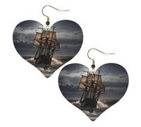 Sailing ship in storm Leather Earrings for Women Heart Earrings Lightweight Dangle Drop Earrings Cute Jewelry Gift, One Size, No Gemstone