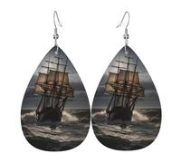 Sailing ship in storm Leather Earrings for Women Teardrop Earrings Lightweight Dangle Drop Earrings Cute Jewelry Gift