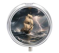 Sailing Ship in Stormy Sea Decorative Metal Pill Box 3-Compartment - Portable Medicine Organizer for Vitamins, Travel Pill Case with BPA-Free Inserts, Personalized Gift for Women Men