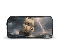 Sailing Ship in Stormy Sea Pencil Case - Large Aesthetic Makeup Bag Multi-Purpose Pencil Pouch Cute Cosmetic Bag with Zipper Closure for Office, Home, Study & Travel