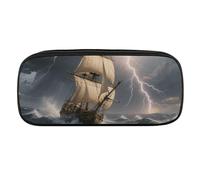 Sailing Ship in Stormy Sea Pencil Case Waterproof Leather Pencil Pouch Multi-purpose Aesthetic Makeup Bag Cute Pen Bag Large Cosmetic Bag for Office Stationery, Travel