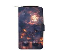 Sailing Ship Moon Burning Village Long Purses for Women Leather Card Holder Mens Wallet Coin Purse