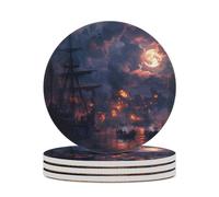 Sailing Ship Moon Burning Village Round Ceramic Coasters Non-Slip Cork Base Drinks Holder Craft 4PCS