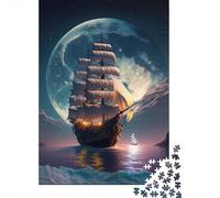 Sailing Ship Moonlit Ocean 1000 Piece Jigsaw Puzzle Paper for Adults Night Scene Relaxing Focus Decor 52x38cm/1000pcs