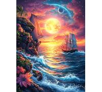 Sailing Ship on The Ocean at Sunset 1000 Pieces Set Classic Jigsaw Puzzle Science Fiction Magical Dream Teen Fans 14-18 Yrs Logic Skill Leisure Adventure Valentines Gift Smooth Wooden Cardboard 1000