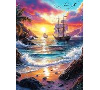 Sailing Ship on The Ocean at Sunset 300-piece Jigsaw Puzzle Set Scenery Science Fiction Family Puzzle Lovers Brain Training Indoor Game Family Game Night Summer Gift Durable Board 300 P