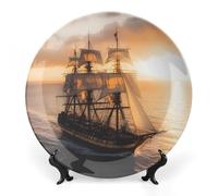 Sailing Ship Sunset Trendy Bone China Decorative Plate with Display Stand Ceramic Decor Plate Art Crafts 7inch