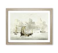 Sailing Ships By Jean Bernard Classic Painting Framed Print | A4 Oak Framed Wall Art | Ready to Hang | Classic Historical Picture | Living Room Bedroom Lounge Office