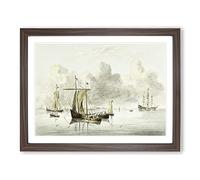 Sailing Ships By Jean Bernard Classic Painting Framed Print | A4 Walnut Framed Wall Art | Ready to Hang | Classic Historical Picture | Living Room Bedroom Lounge Office