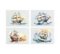 Sailing Ships Glass Placemats Set - Vintage Ocean/Sea Nautical Themed Table Mats Gift - Tempered Glass Non-Slip Feet 4pk
