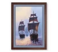 Sailing Ships in Mist Vintage Framed Wall Art Print A4 (29.7×21cm) Walnut, Wall Decor for Living Room, Bedroom, Office & Home, Ready to Hang, Art Gift