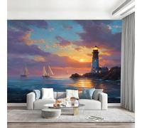 Sailing Sunset, Lighthouse Scenery Wallpaper Paste The Wall 300x210cm(W x H) Mural Wallpaper 3D Effect for Living Room Fireplace Feature Wallpapers Sailing Boats Wall Mural Bedroom