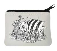 Sailing Viking Ship Minimalistic Sketch Neoprene Coin Purse Pouch 10x11cm White