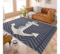 Sailingl Theme Anchor Stripes Flannel Rug for Living Room & Bedroom Soft Fluffy Carpet Dark Blue Non-Slip, Machine Washable, Kids Area Rug Mat for Playroom & Floor Protector 60x90 cm