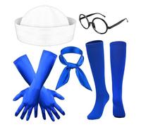 Sailor Accessories for Women - Nautical Costume Set with Hat, Scarf, Stockings, Gloves, Eyeglass Frame for Halloween and Birthday, Cosplay Function Marine and Sailing Party, White Blue Style