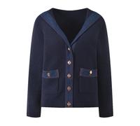 Sailor Collar Lady Denim Patchworking Long Sleeve Single-Breasted Wear Women Casual Knits Cardigan Navy Blue S(US-4)