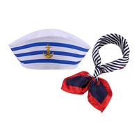 Sailor Hat,2 Pcs Sailor Hat and Scarf Set,Adults Captain Cap Sailor Costume Accessories,Blue and White Striped Sailor Captains Hat&Red Edge Blue Bar Square Scarf,for Women Men Costume Accessory