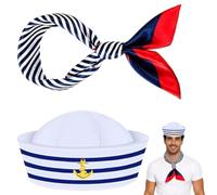 Sailor Hat and Scarf Set, Blue White Striped Sailor Captain Hat with Red Edge Blue Square Scarf, Nautical Fancy Dress Costume Accessory for Men Women, Navy Party, Cosplay, Stage Performance