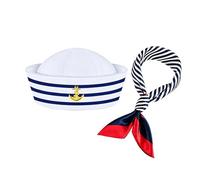 Sailor Hat and Scarf Set,Blue White Stripes Sailors Hat Square Scarf Adults