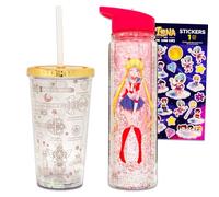 Sailor Moon Beverage Containers for Adults - Bundle with 18 Oz Glitter Water Bottle and Tumbler with Straw Plus Stickers | Sailor Moon Merchandise